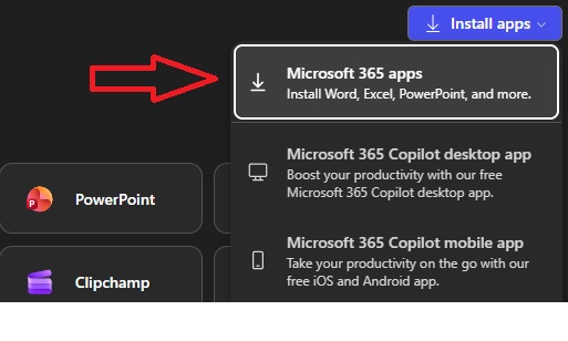 Drop down to install O365 Desktop apps