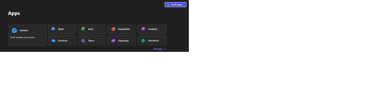 O365 Portal with MS Apps displayed